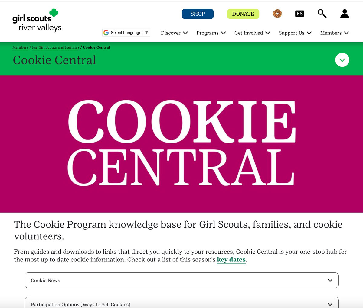 Screenshot of girlscoutsrv.org/cookiecentral webpage