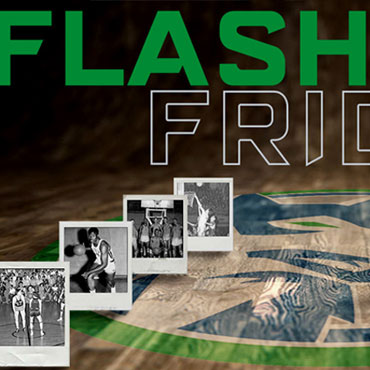 Timeberwolves Old Shep logo on wood floor with polaroids and text Flashback Friday