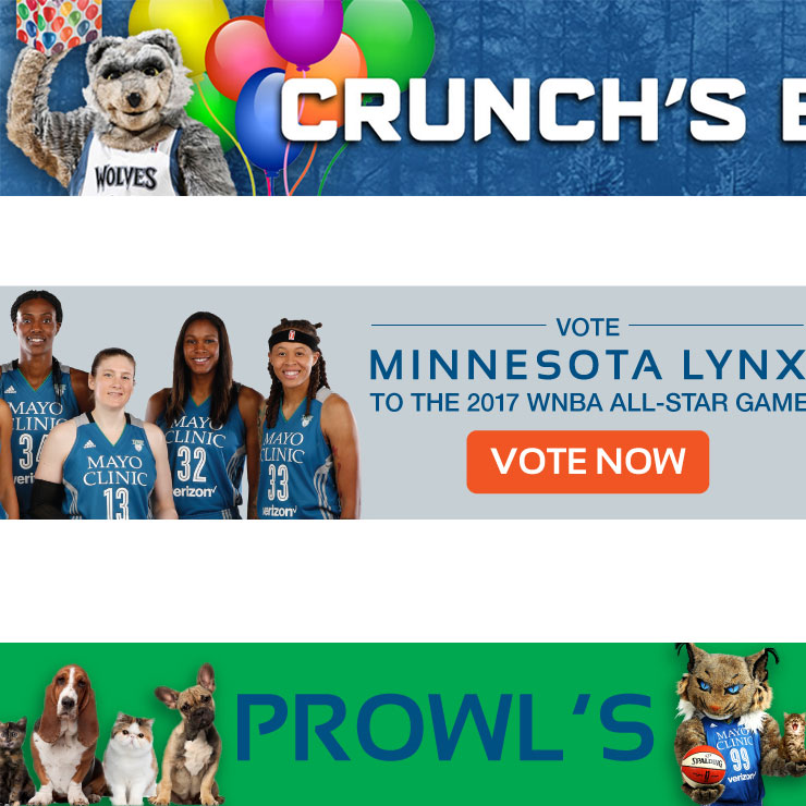 Minnesot Timbewolves and Lynx web banner ads with Crunch, Prowl, and 2017 Lynx team members