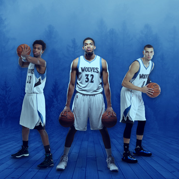 Media Day Design of Karl-Anthony Towns, Zach Levine, and Andrew Wiggins on a blue toned background of trees